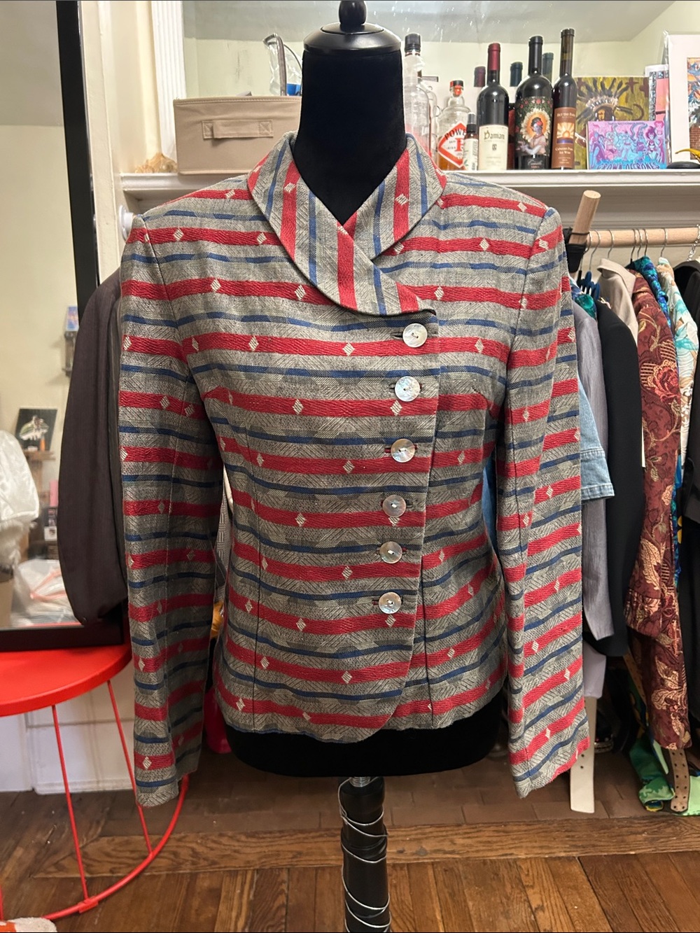 Qu Dingnan Vintage-Inspired Red & Gray Striped Women's Button Jacket